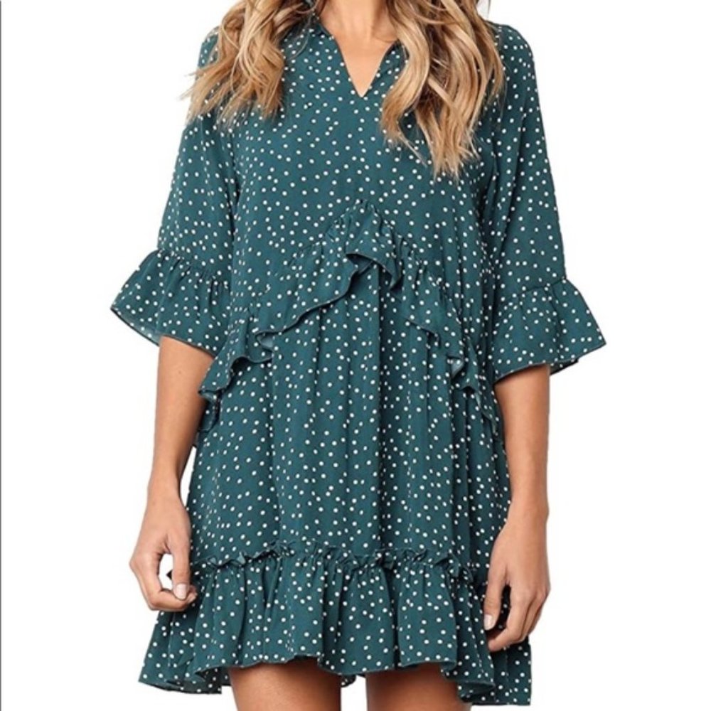 🛍AGQT juniors Teal w/White polka dot tunic dress XL
